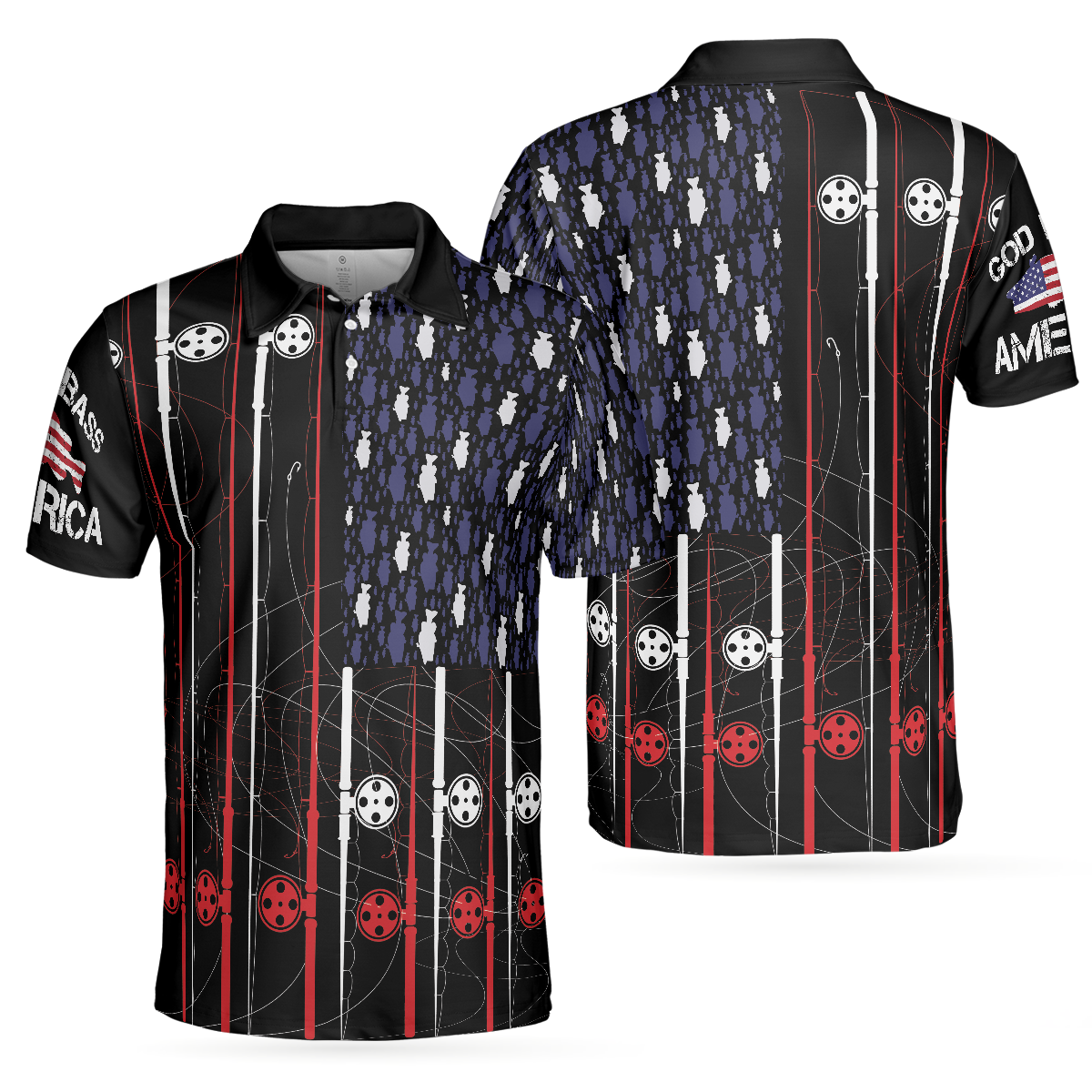 Patriotic God Bass America Flag Fishing Polo Shirt, Cool USA Flag Fishing Shirt For Men - Hyperfavor