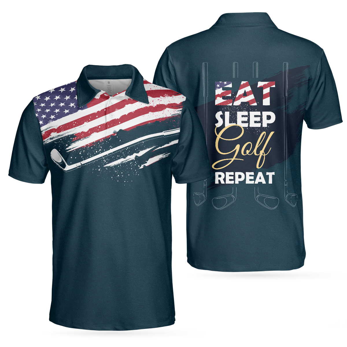 Eat Sleep Golf Repeat American Flag Short Sleeve Polo Shirt, Dark Navy Golf Shirt For Men - Hyperfavor