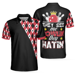 They See Me Bowlin' They Hatin' Polo Shirt, Bowling Plaid Pattern Shirt, Funny Polo Shirt With Sayings - Hyperfavor