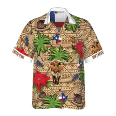 Brown Tribal Pattern Texas Hawaiian Shirt White Neck Version, Don't Mess With Texas Armadillo and Longhorn Texas State Shirt For Men - Hyperfavor