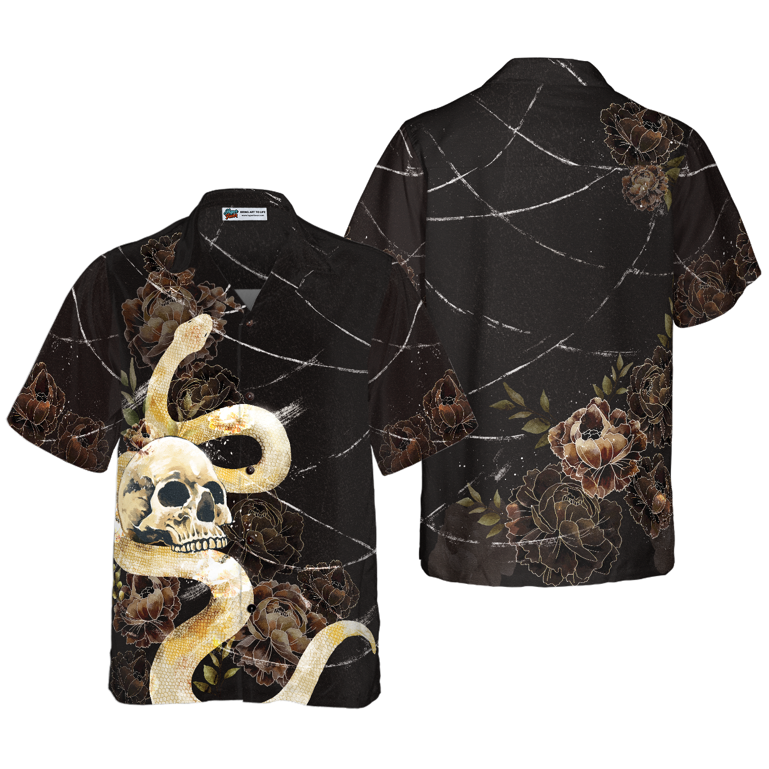 Gothic Skull with Snake Hawaiian Shirt For Men, Black Peony Flowers Goth Hawaiian Shirt - Hyperfavor