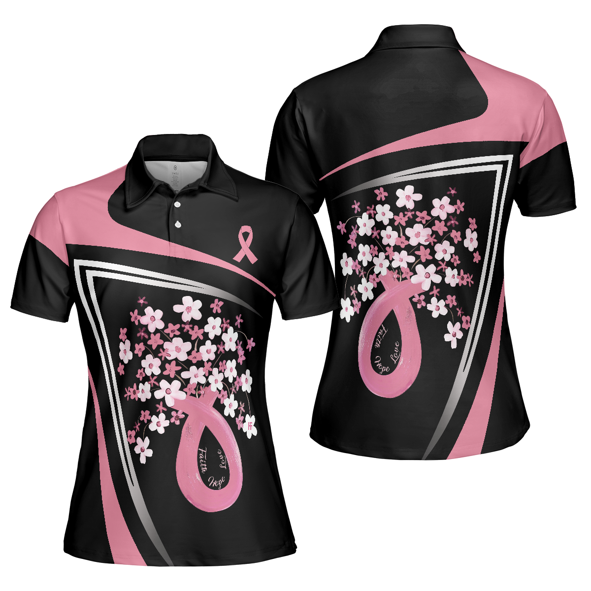 Flowers Faith Hope Love Pink Breast Cancer Awareness Short Sleeve Women Polo Shirt, Awareness Ribbon Polo Shirt For Ladies - Hyperfavor