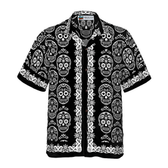 Mexican Sugar Skull On Black Hawaiian Shirt - Hyperfavor