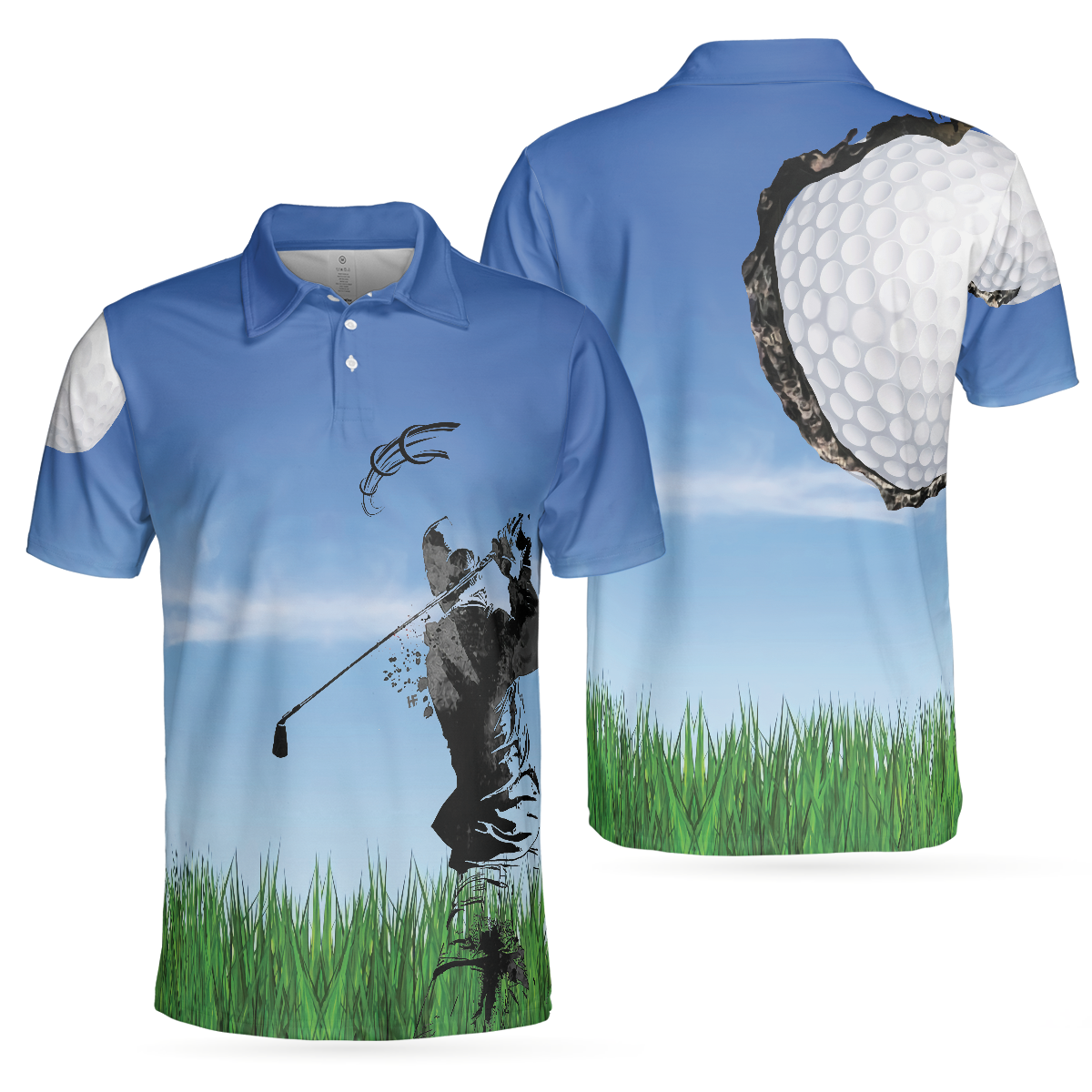 Swing Polo Shirt, Blue Golf Ball Pattern Polo Shirt For Golfers, Best Golf Polo Shirt For Hot Weather - Hyperfavor