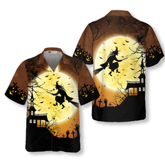 Halloween Night Flying Witch Over A Castle Hawaiian Shirt, Full Moon Pumpkin Graveyard Zombie Hawaiian Shirt For Men - Hyperfavor