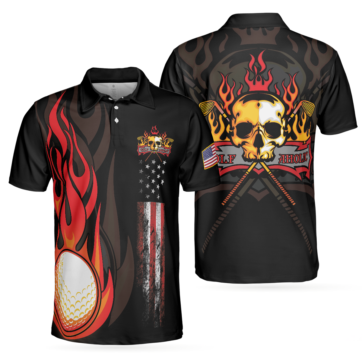 Golf Flame Skull Short Sleeve Golf Polo Shirt, Black American Flag Golf Shirt For Men, Cool Gift For Golfers - Hyperfavor