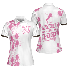 I Beat People With A Stick Lacrosse Short Sleeve Women Polo Shirt, White And Pink Lacrosse Shirt For Ladies - Hyperfavor