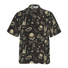 Rock N Roll Will Never Die Hawaiian Shirt, Electric Guitar Skull And Crossbones Hawaiian Shirt - Hyperfavor