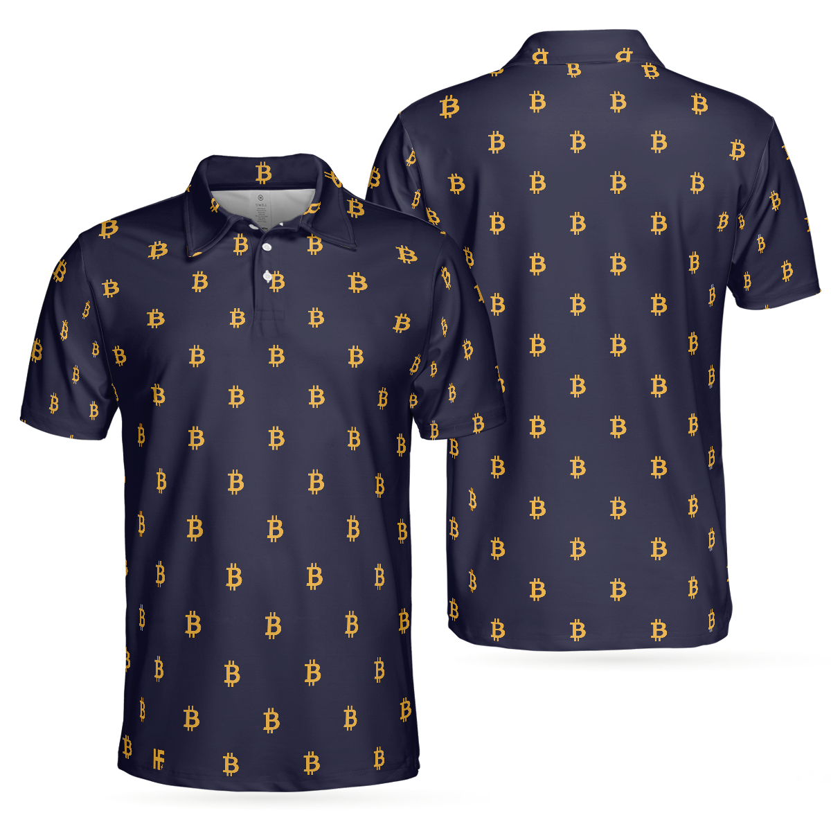 Seamless Pattern Sign Bitcoin Polo Shirt, Navy Blue And Gold Polo Shirt, Best Cryptocurrency Shirt For Men - Hyperfavor