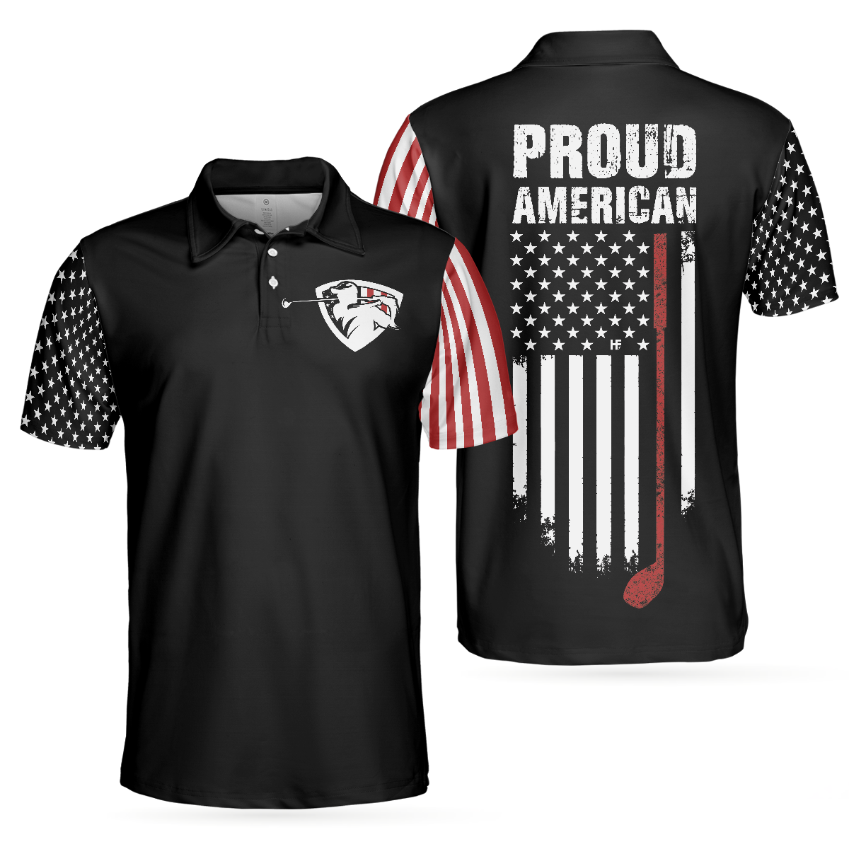 Proud American Short Sleeve Golf Polo Shirt, Dark Theme American Flag Polo Shirt, Patriotic Golf Shirt For Men - Hyperfavor