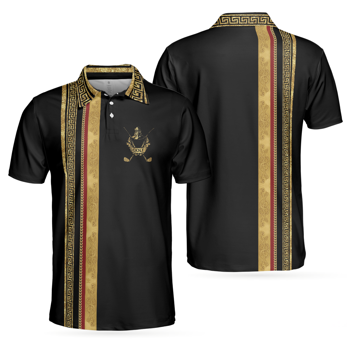 Golf Crusader King Luxury Baroque Pattern Golf Polo Shirt, Elegant Black Golfing Polo Shirt, Best Golf Shirt For Men - Hyperfavor