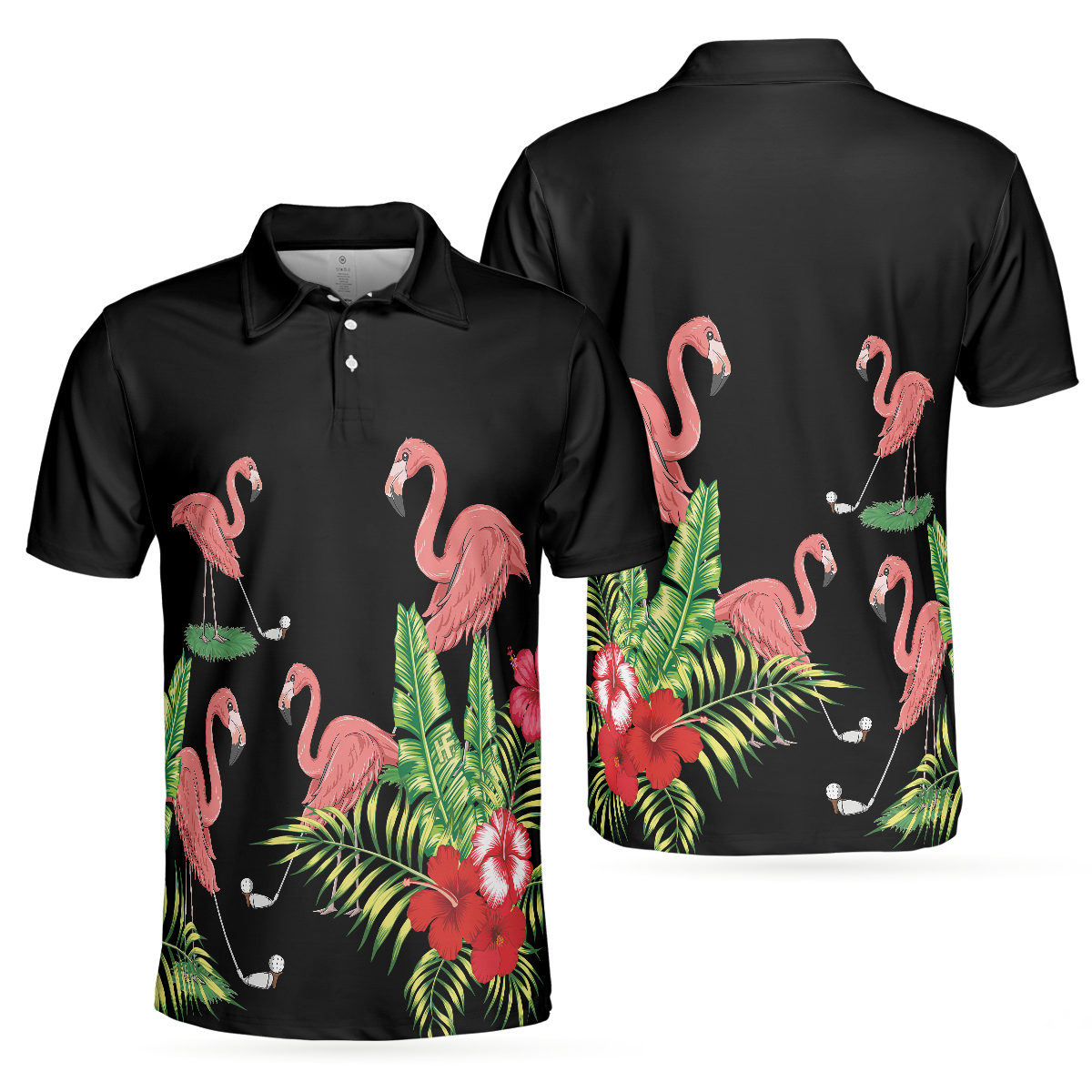 Flamingo Playing Golf And Tropical Pattern Polo Shirt, Pink Flamingo Short Sleeve Polo Shirt For Golfers - Hyperfavor