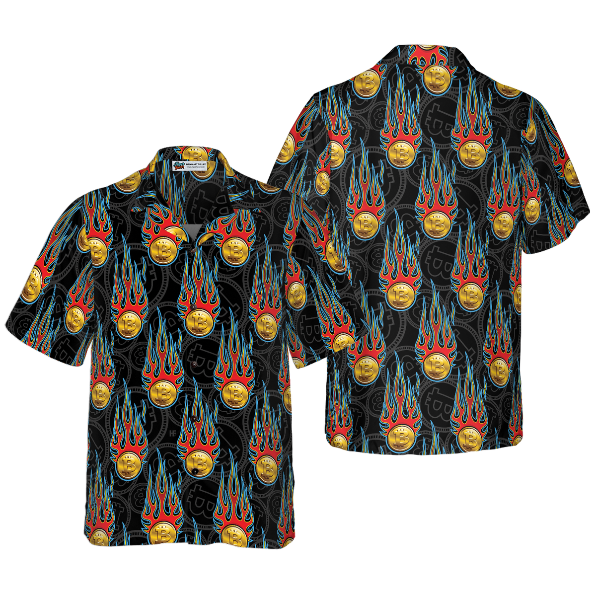 Digital Bitcoin Crypto Currency Pattern With Hotrod Flame Hawaiian Shirt - Hyperfavor