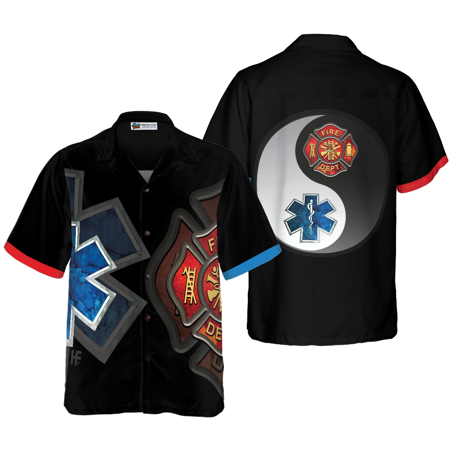 Firefighter And Paramedic Yin And Yang Firefighter Hawaiian Shirt, Red Fire Dept Logo And Blue Star Of Life Firefighter Shirt For Men - Hyperfavor