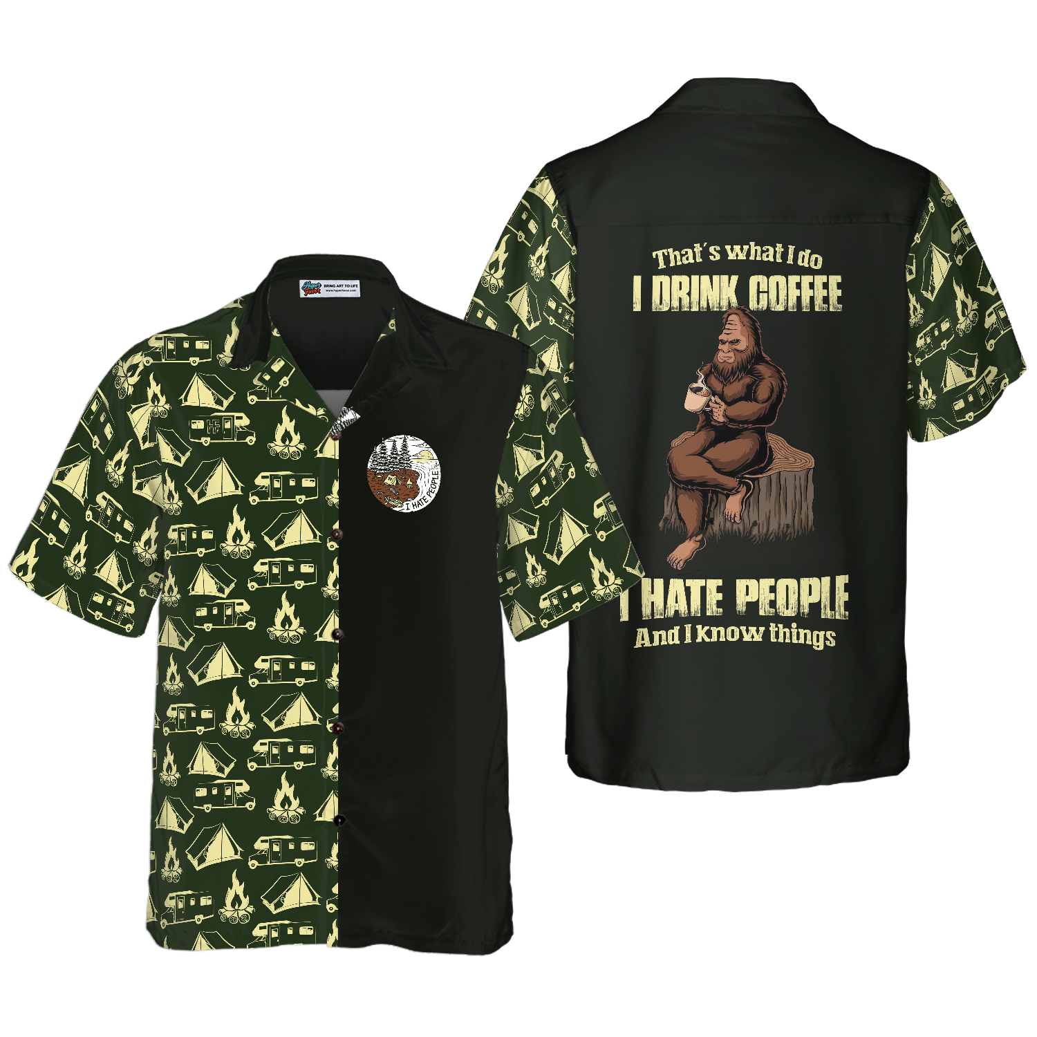 Bigfoot Darryl Drink Coffee & Hate People Bigfoot Hawaiian Shirt, Camping Bigfoot Shirt For Men - Hyperfavor