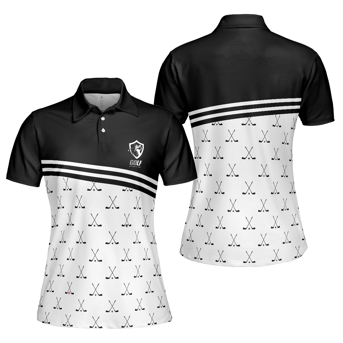 Crossed Black Golf Clubs Golf Short Sleeve Women Polo Shirt, Black And White Golf Shirt For Ladies - Hyperfavor