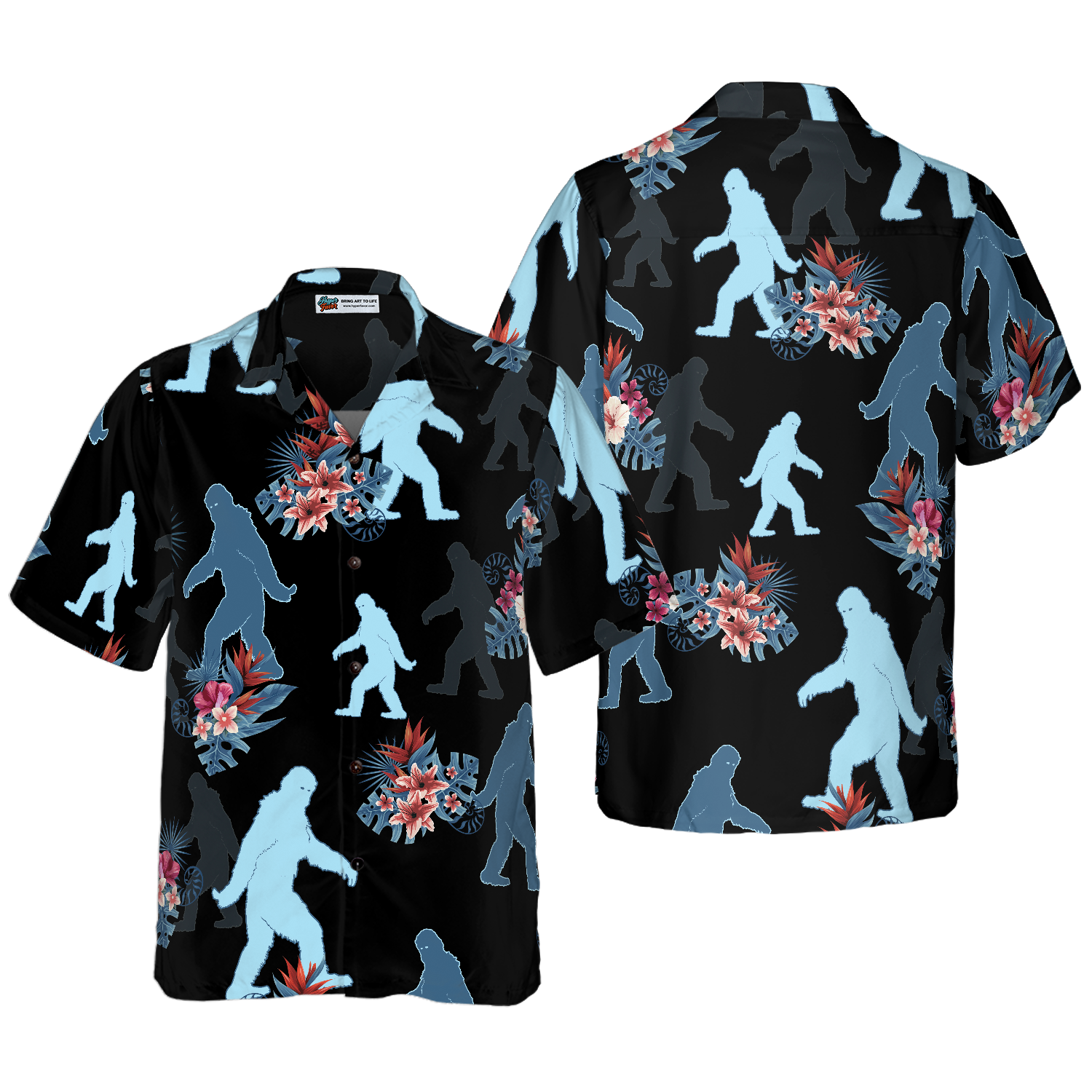 Bigfoot & The Tropical Leaves Bigfoot Hawaiian Shirt, Black Tropical Floral Bigfoot Shirt For Men - Hyperfavor