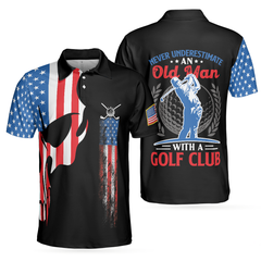 Skull Golf With American Flag Polo Shirt, Never Underate An Old Man Golfer Polo Shirt, Best Golf Shirt For Men - Hyperfavor