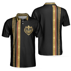 Luxury Baroque Pattern Golf Polo Shirt, Golden Greek Key Pattern Polo Shirt, Best Golf Shirt For Men - Hyperfavor