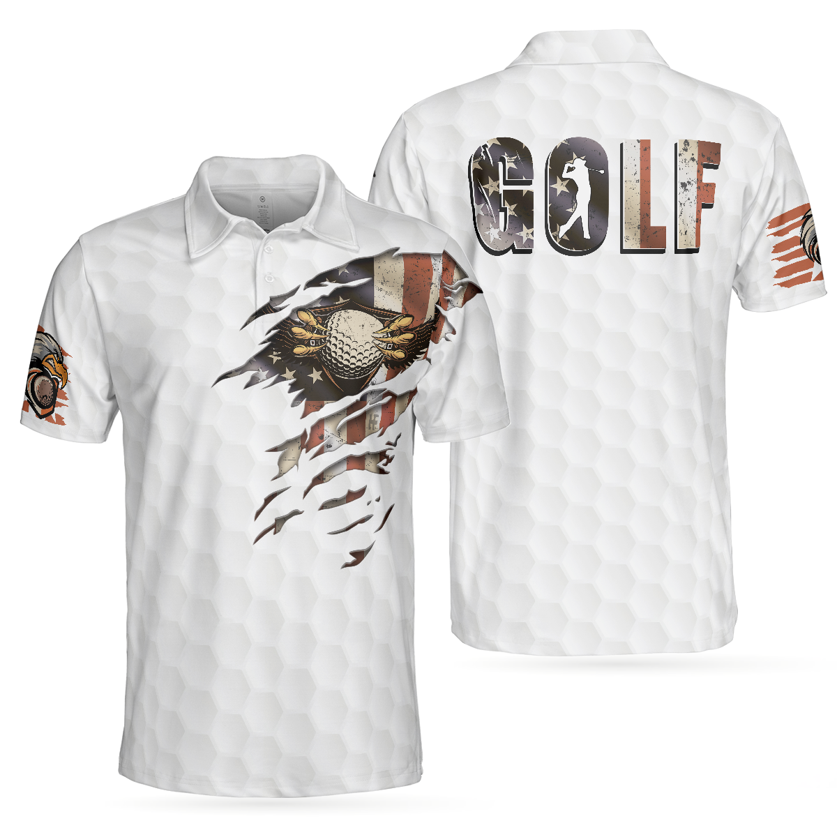 American Golfer Eagle Golf Ball Texture Polo Shirt, Ripped American Flag Polo Shirt, Patriotic Golf Shirt For Men - Hyperfavor