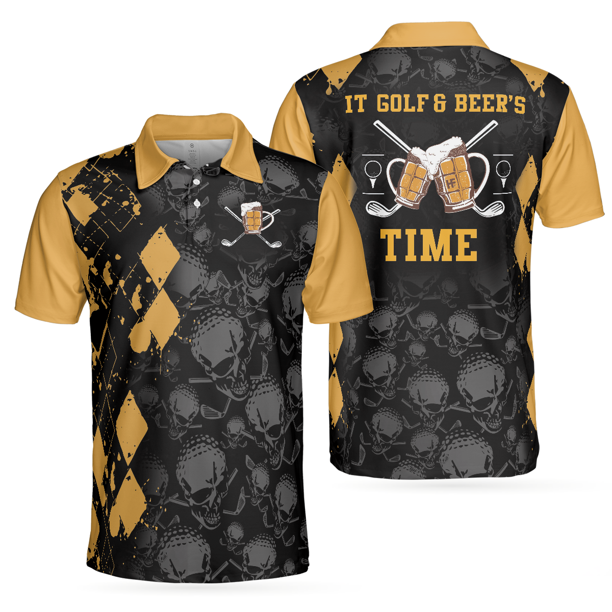 It Golf & Beer's Time Polo Shirt, Skull Pattern Golf Drinking Polo Shirt, Best Beer Golf Polo Shirt - Hyperfavor