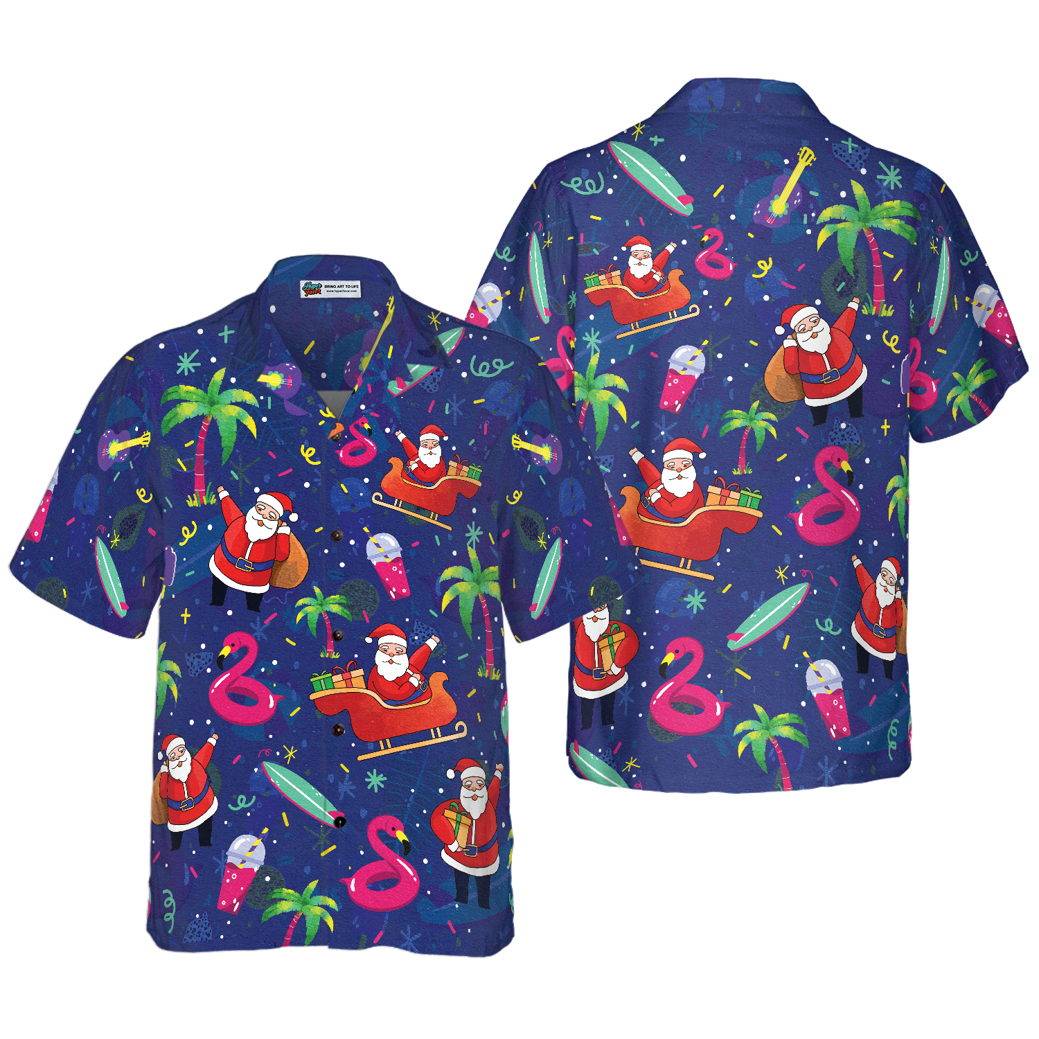 Hyperfavor Christmas Hawaiian Shirts, Santa Flamingo Tropical Pattern Shirt Short Sleeve, Christmas Shirt Idea Gift For Men And Women - Hyperfavor