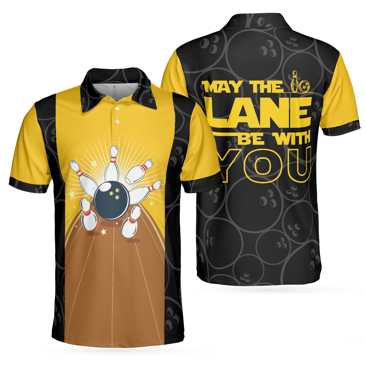 May The Lane Be With You Polo Shirt, Black And Yellow Bowling Ball Pattern Shirt, Funny Sayings Shirt - Hyperfavor