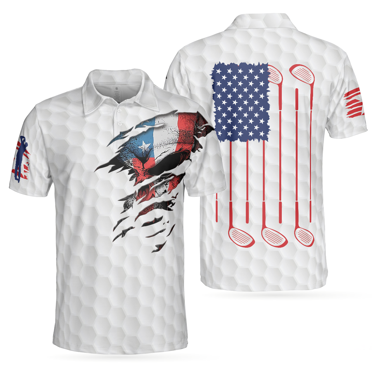 Golf Skull American Flag Short Sleeve Polo Shirt, White Golf Pattern Polo Shirt, Patriotic Golf Shirt For Men - Hyperfavor