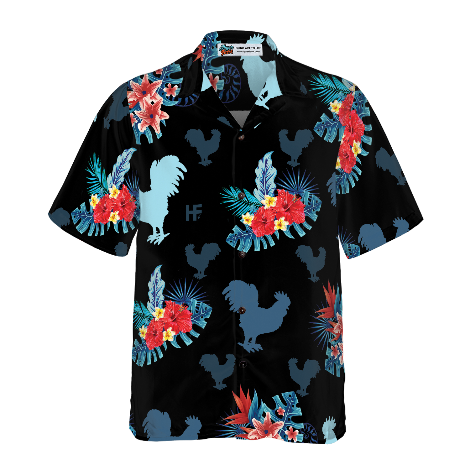 Rooster In Tropical Blue Hawaiian Shirt - Hyperfavor