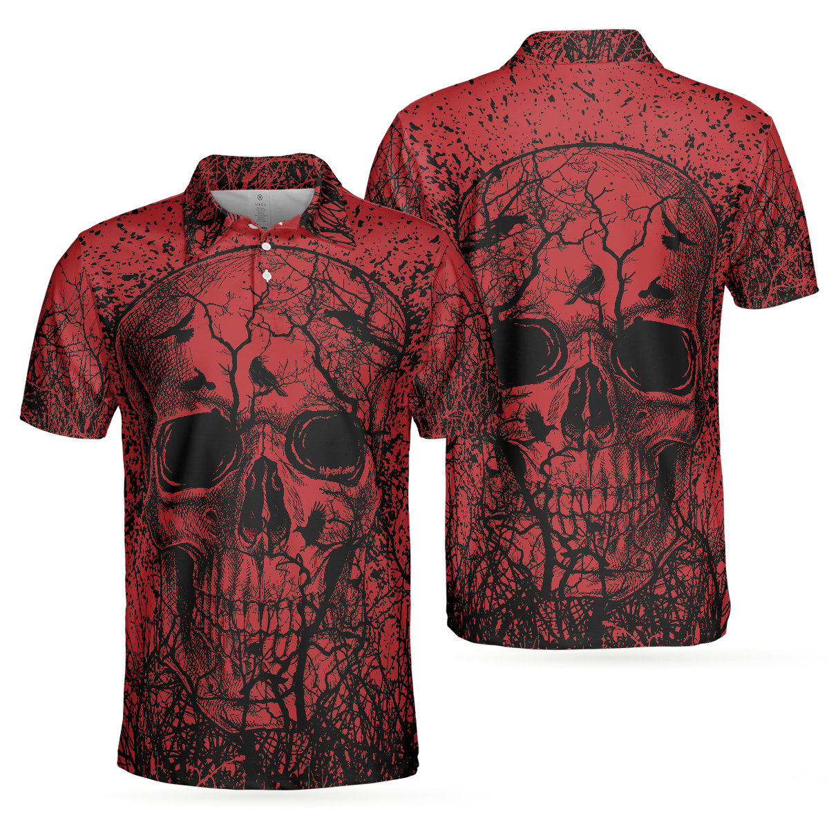 Skull Crow Black And Red Short Sleeve Polo Shirt, Dark Forrest Skull Crow Shirt For Men - Hyperfavor