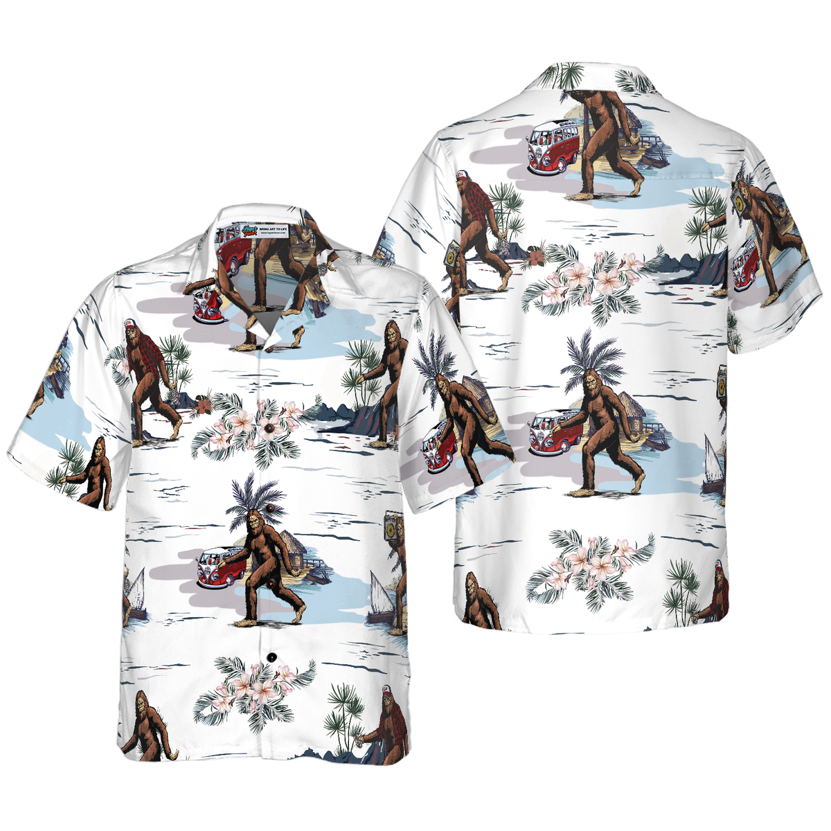 Bigfoots Are Ready For Summer Bigfoot Hawaiian Shirt, White Tropical Floral Bus Trip Bigfoot Shirt For Men - Hyperfavor