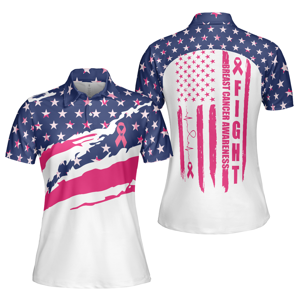 Fight American Breast Cancer Flag Short Sleeve Women Polo Shirt, Colorful Breast Cancer Awareness Month Shirt - Hyperfavor