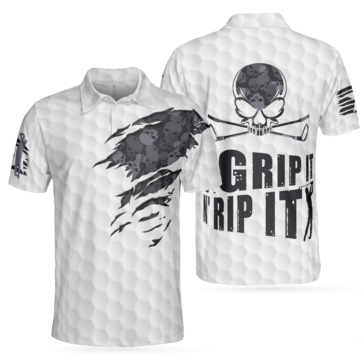 Grip It N' Rip It Golf Ball Texture Short Sleeve Polo Shirt, Ripped Skull Pattern Polo Shirt, Best Golf Shirt For Men - Hyperfavor