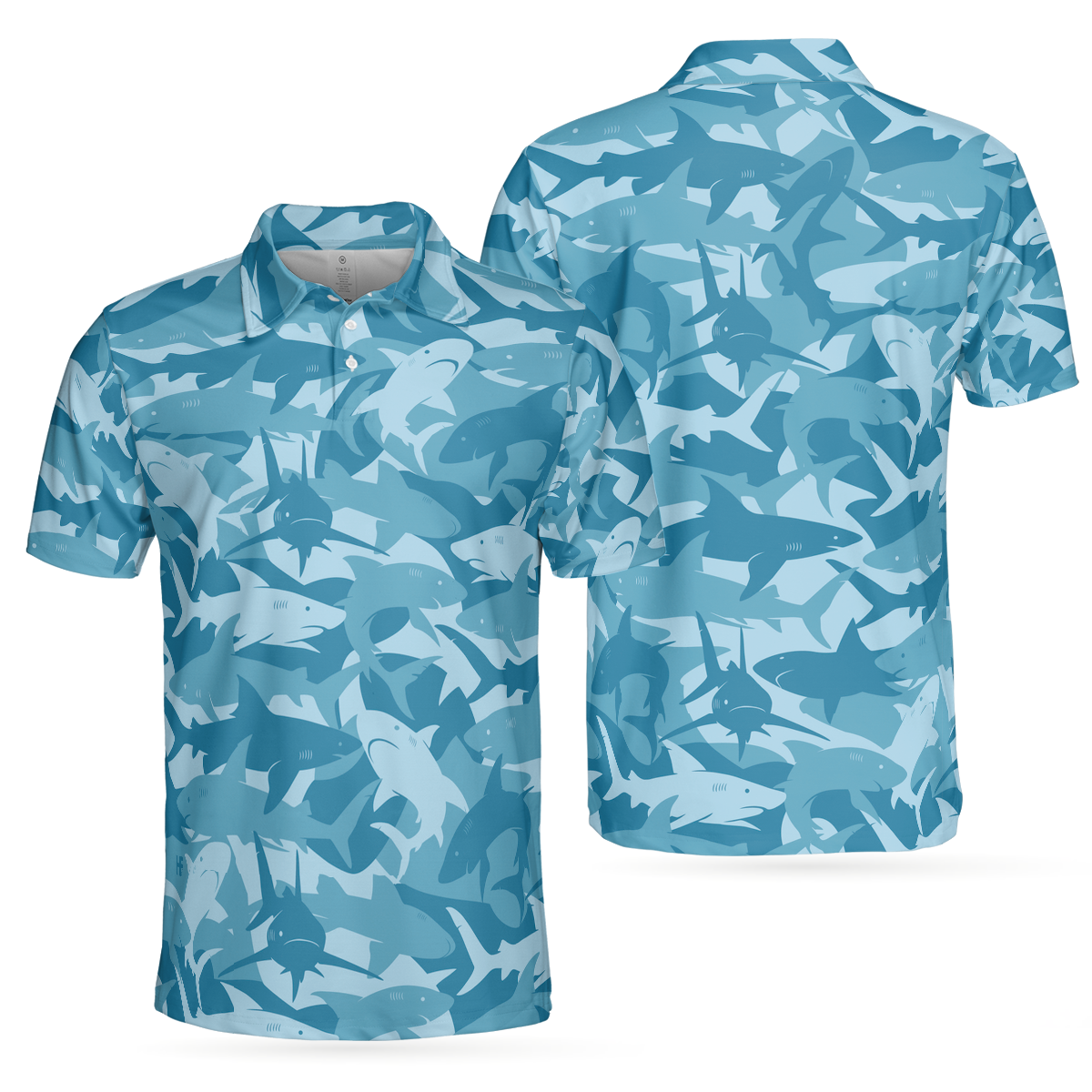 Camouflage Ocean Shark Pattern Short Sleeve Polo Shirt, Camo Aqua Polo Shirt, Best Shark Shirt For Men - Hyperfavor