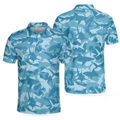 Camouflage Ocean Shark Pattern Short Sleeve Polo Shirt, Camo Aqua Polo Shirt, Best Shark Shirt For Men - Hyperfavor