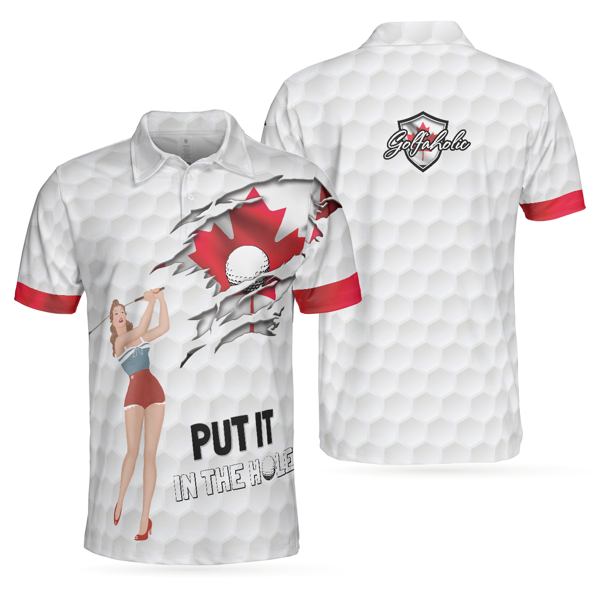 Golf Canada Flag Pin Up Girl Polo Shirt, Canadian Golf Shirt For Men - Hyperfavor