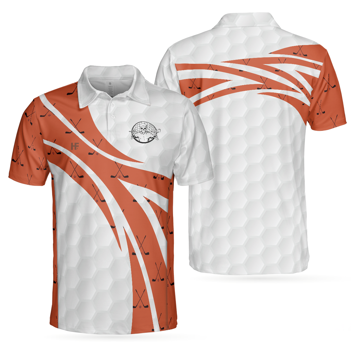 Skull Golfer Seamless Pattern Golf Polo Shirt, White And Orange Golf Shirt For Men, Cool Gift For Golfers - Hyperfavor