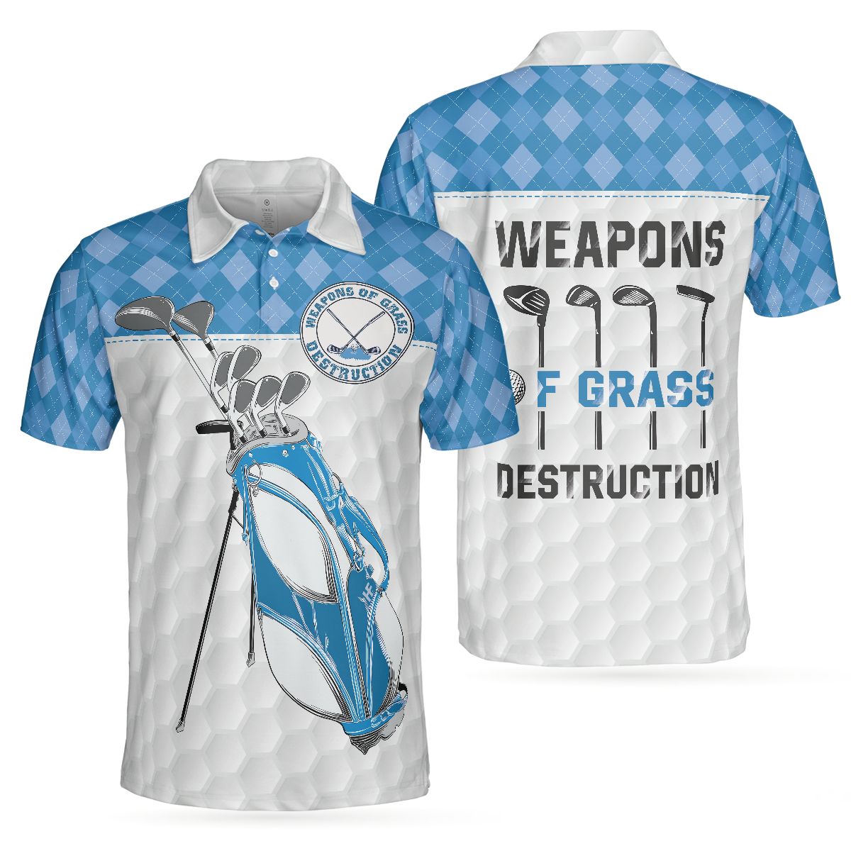 Weapons Of Grass Destruction Short Sleeve Polo Shirt, Golf Texture Blue Argyle Pattern Polo Shirt, Best Golf Shirt For Men - Hyperfavor