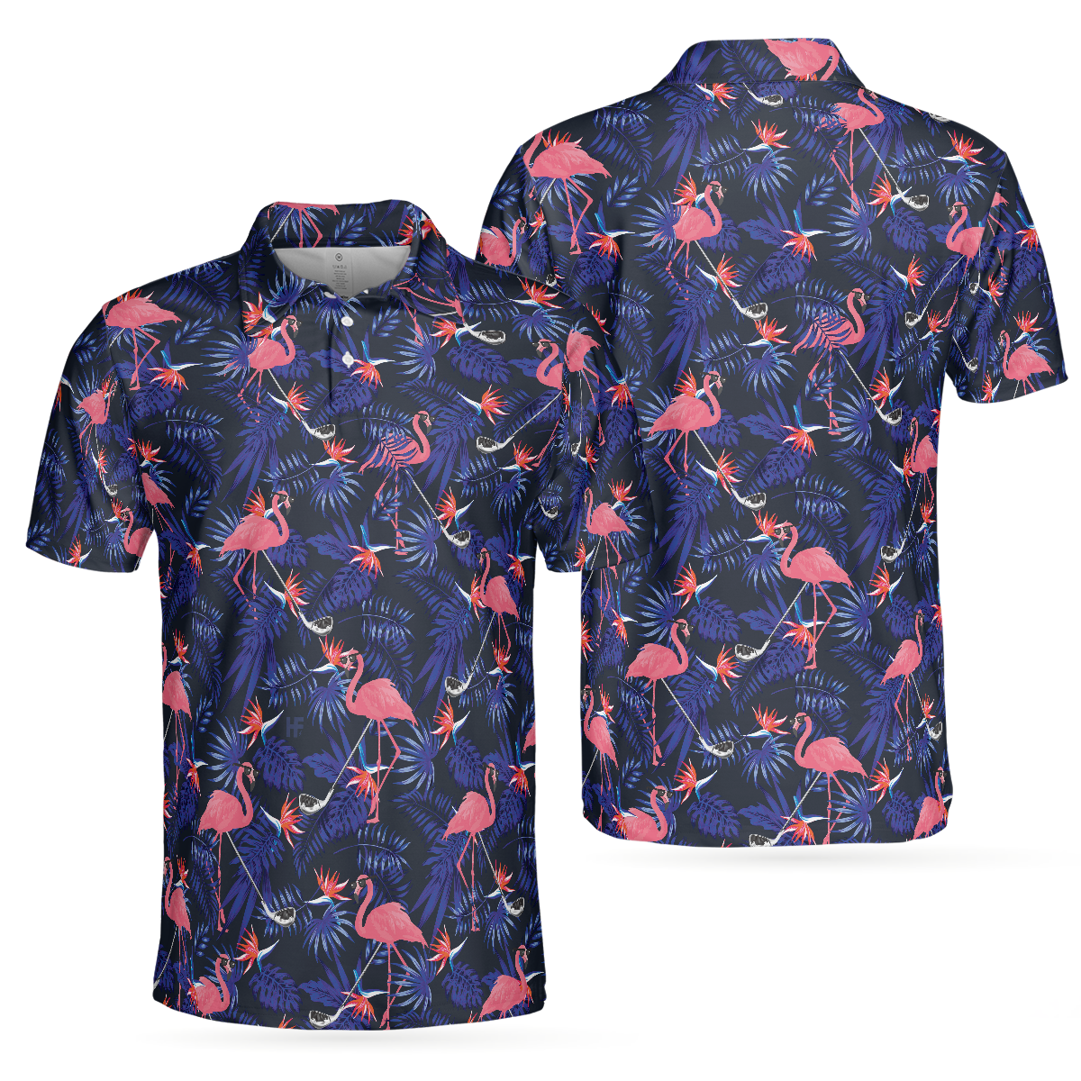 Flower And Flamingo Golf Polo Shirt, Blue Flamingo Pattern Shirt For Golf Players, Gift For Flamingo Fans - Hyperfavor