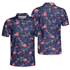 Flower And Flamingo Golf Polo Shirt, Blue Flamingo Pattern Shirt For Golf Players, Gift For Flamingo Fans - Hyperfavor