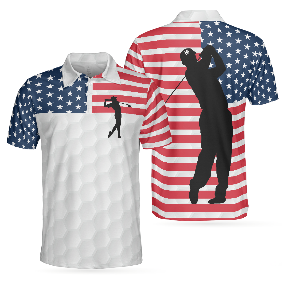 Premium American Golfer Polo Shirt, White Golf Pattern American Flag Polo Shirt, Best Golf Shirt For Men - Hyperfavor