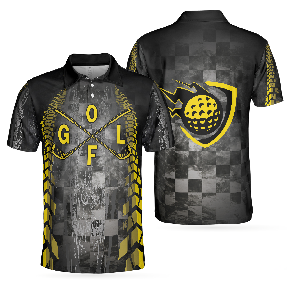 Golf Yellow Pattern Short Sleeve Polo Shirt, Checker Pattern Racing Polo Shirt, Best Golf Shirt For Men - Hyperfavor