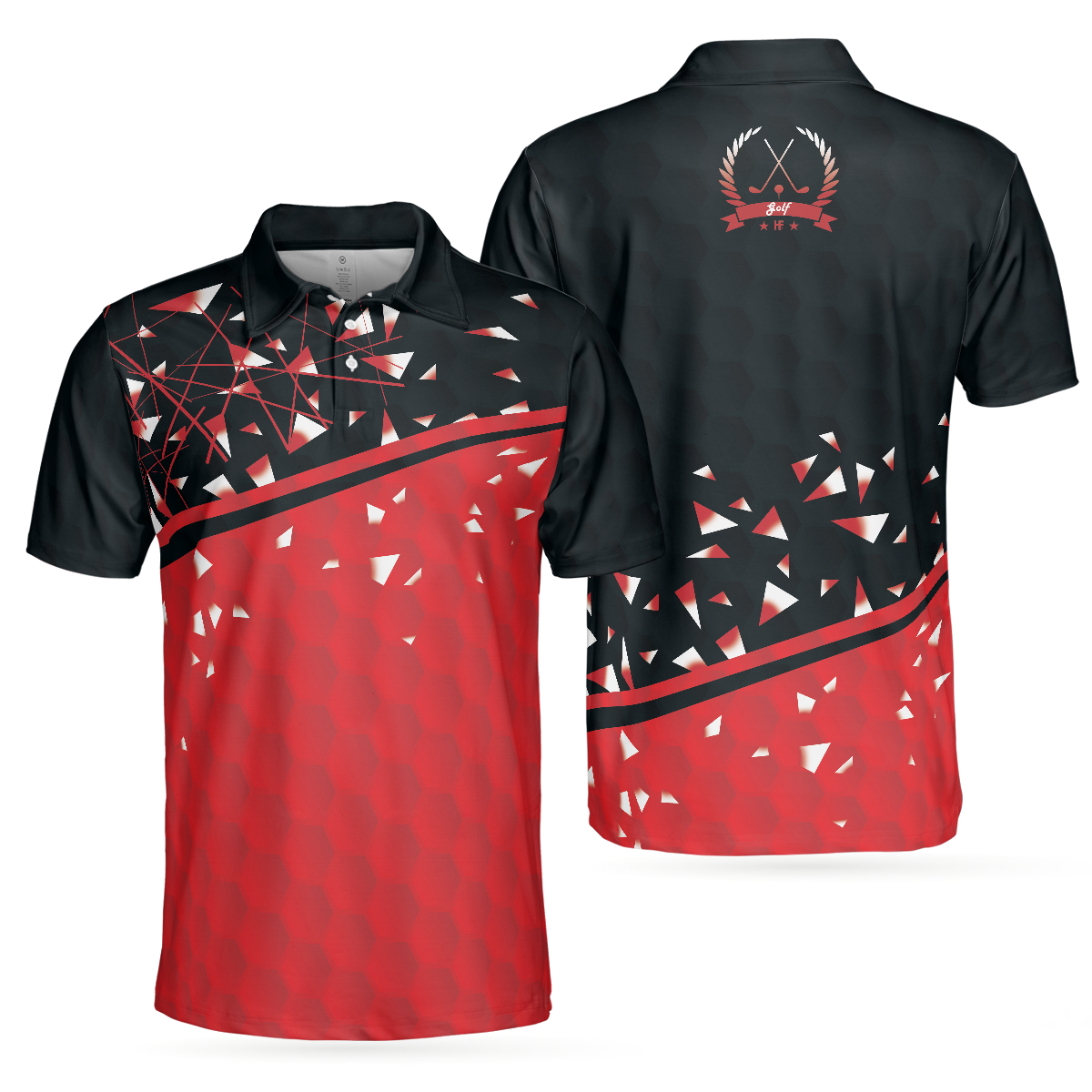 Sporty Golf Breaker Red And Black Golf Polo Shirt, Red And White Triangle Pattern Shirt Design, Best Golf Gift Idea - Hyperfavor