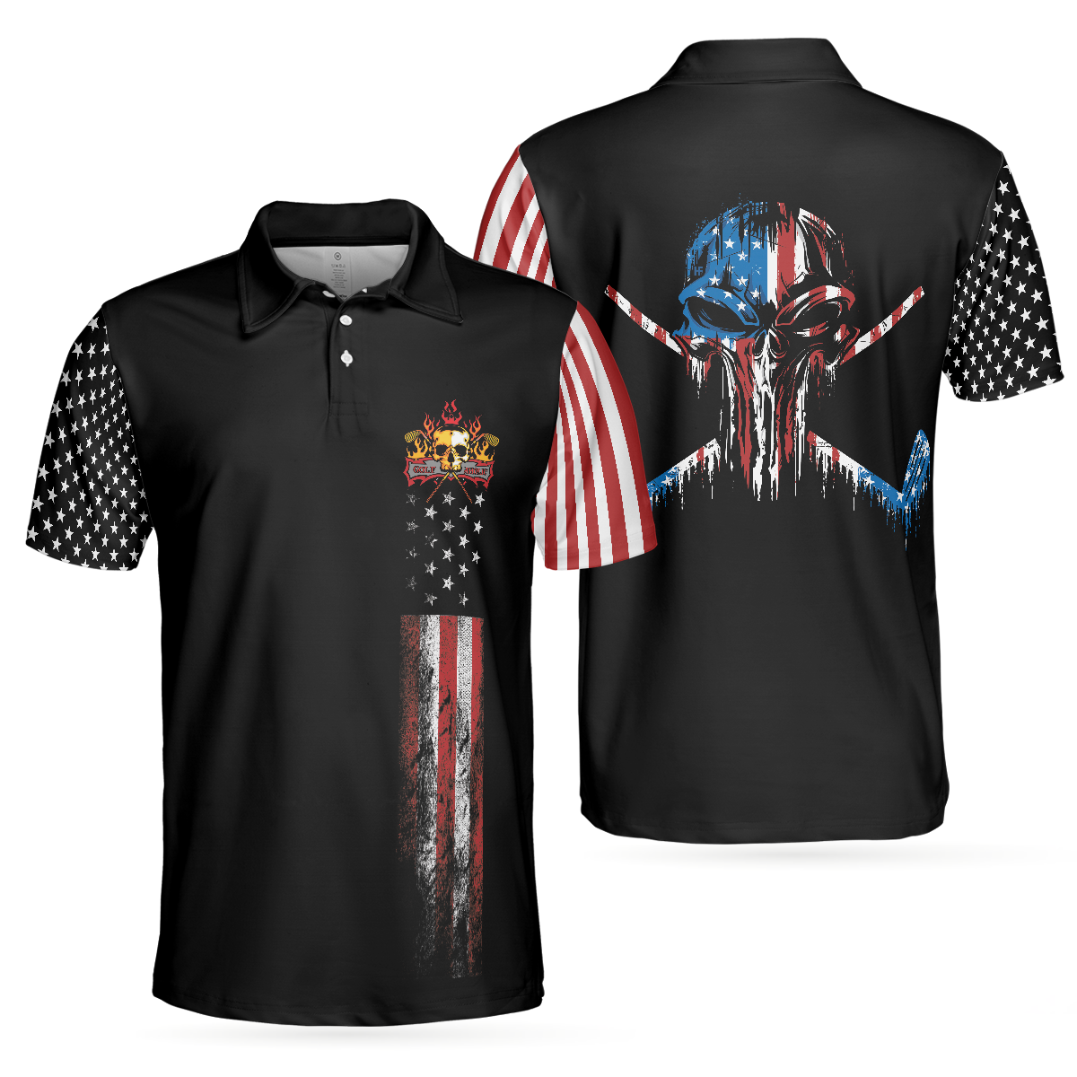 8-ball American Flag Short Sleeve Pattern Wet Paint Skull Golf Polo Shirt, Dark Theme American Flag Polo Shirt, Best Golf Shirt For Men - Hyperfavor