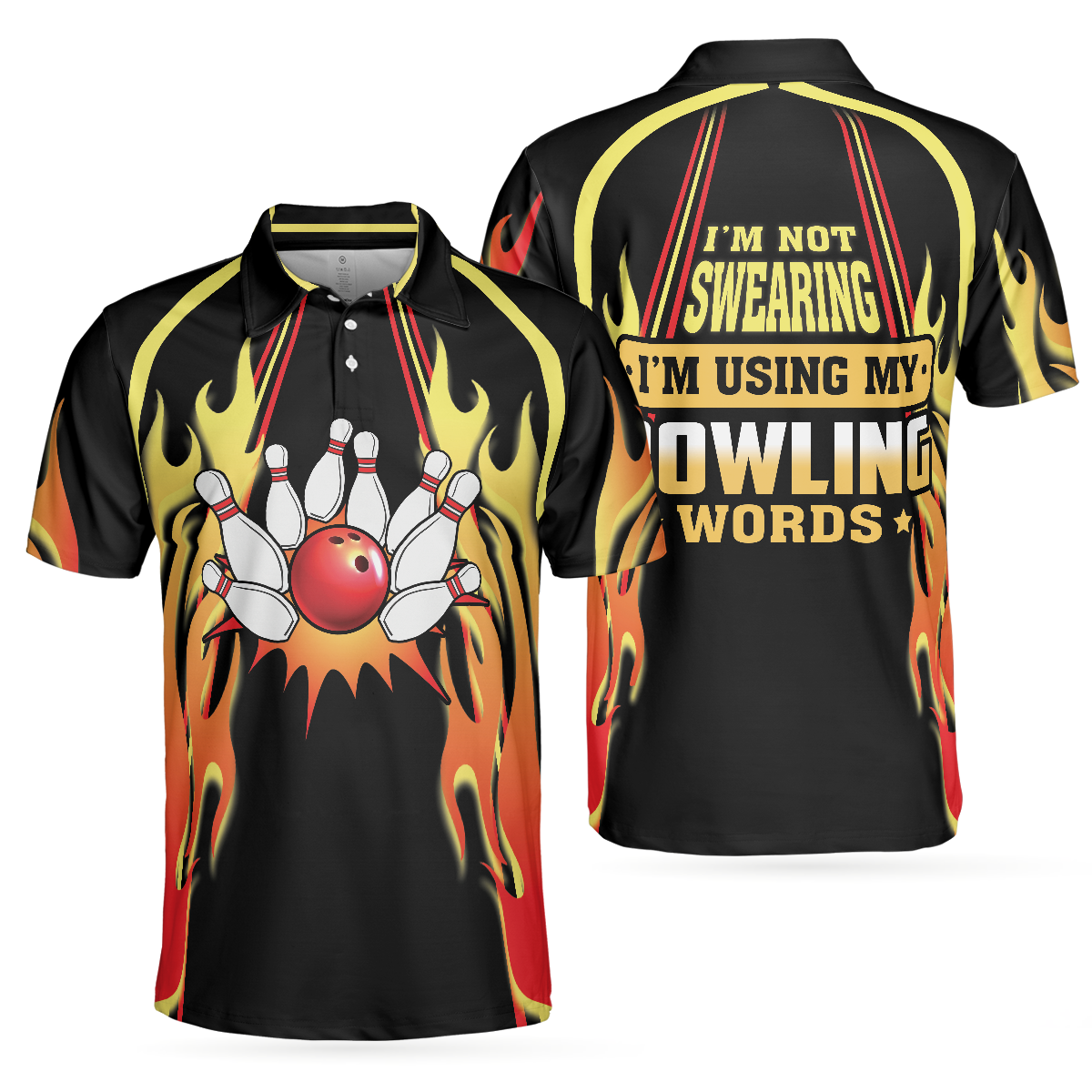 I'm Not Swearing I'm Using My Bowling Words Bowling Polo Shirt, Flame Tenpin Bowling Shirt With Sayings For Men - Hyperfavor