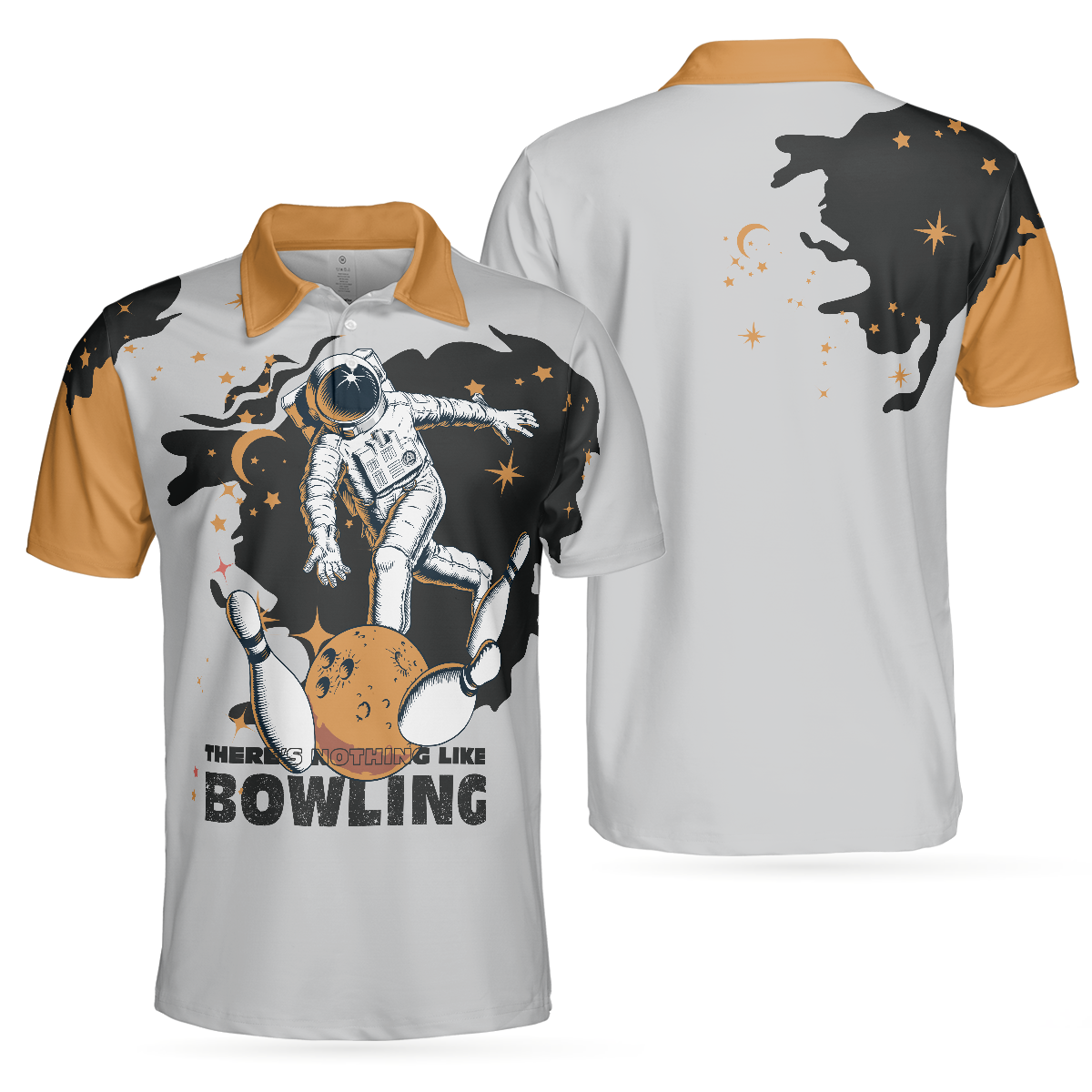 Bowling Astronaut in Space Short Sleeve Polo Shirt, White and Gold Bowling Shirt For Men - Hyperfavor