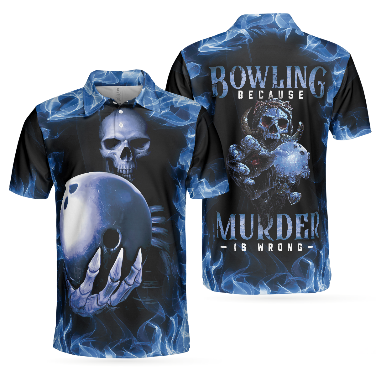 Bowling Murder Polo Shirt, Blue Flame Pattern Bowling Polo Shirt, Scary Skull Shirt Design For Halloween - Hyperfavor