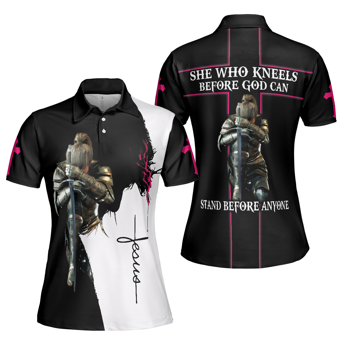 She Who Kneels Before God Can Stand Before Anyone Short Sleeve Women Polo Shirt, Gift Idea For Ladies - Hyperfavor