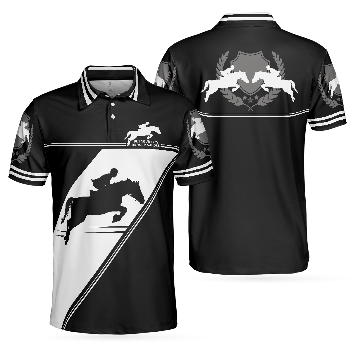 Put Your Fun On Your Saddle Horse Riding Polo Shirt, Black And White Horse Riding Shirt For Men - Hyperfavor