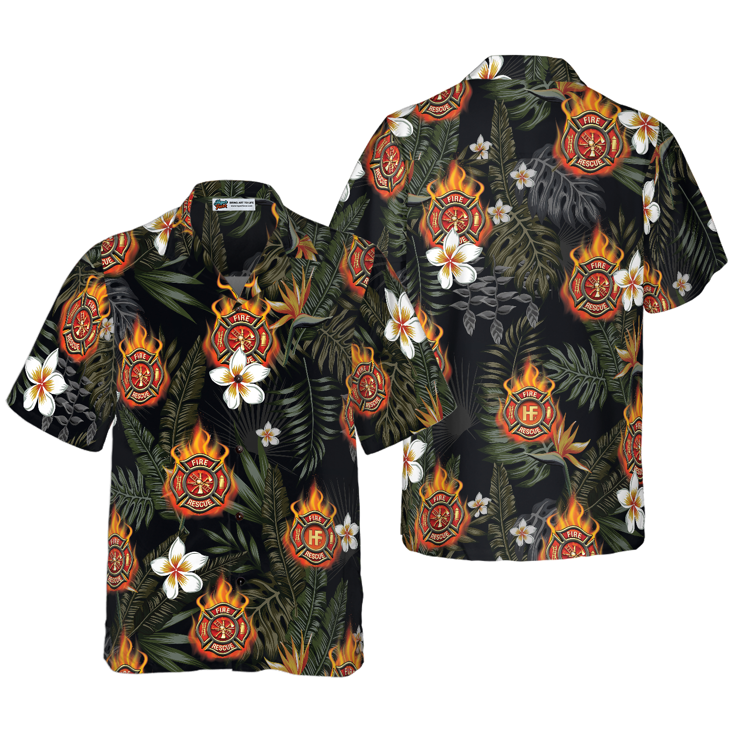 Firefighter Logo On Flame And Black Tropical Seamless Firefighter Hawaiian Shirt, Floral Firefighter Shirt For Men - Hyperfavor